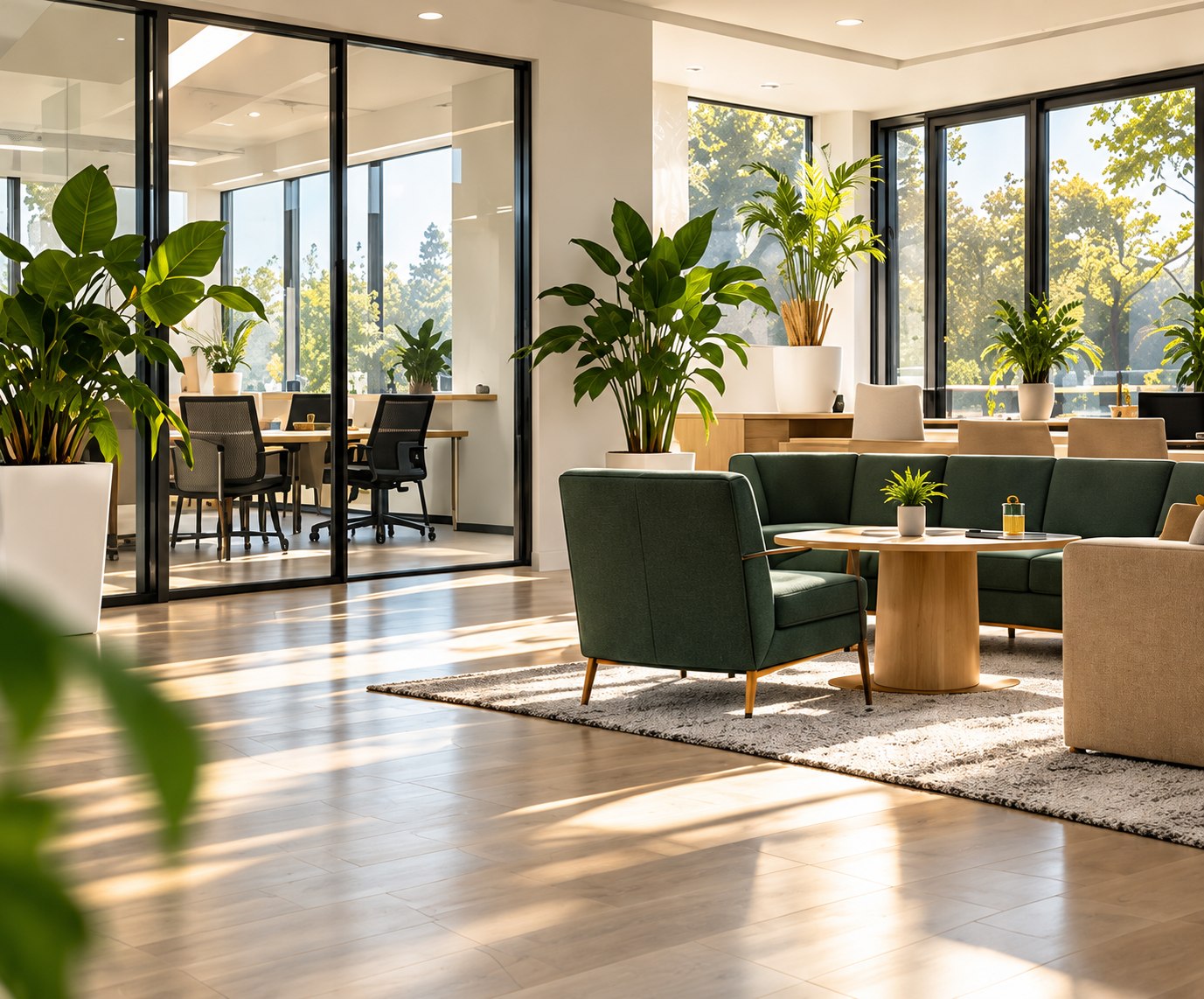 Welcoming workplace with natural light and greenery