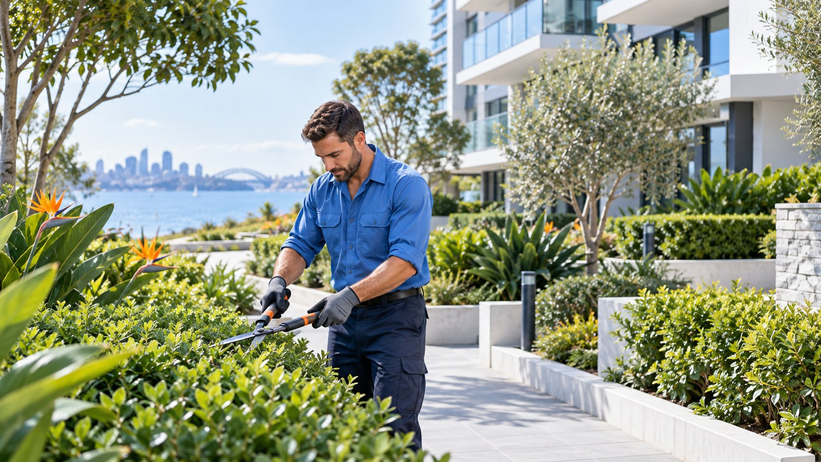 Groundskeeper tending landscaped apartment gardens