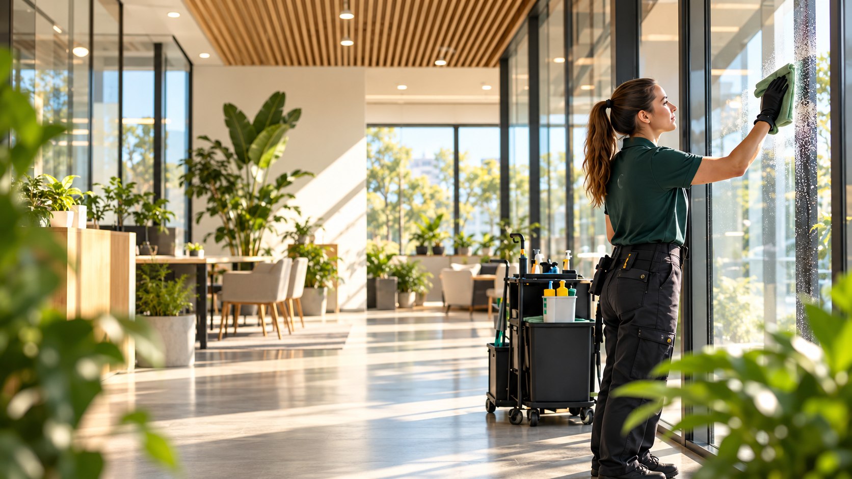 Cleaner wiping glass in a bright office beside a cleaning trolley