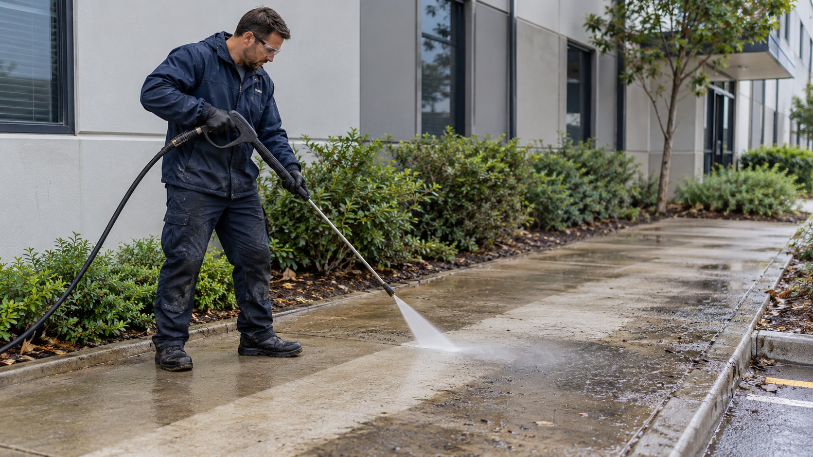 Professional using a pressure washer on an outdoor path
