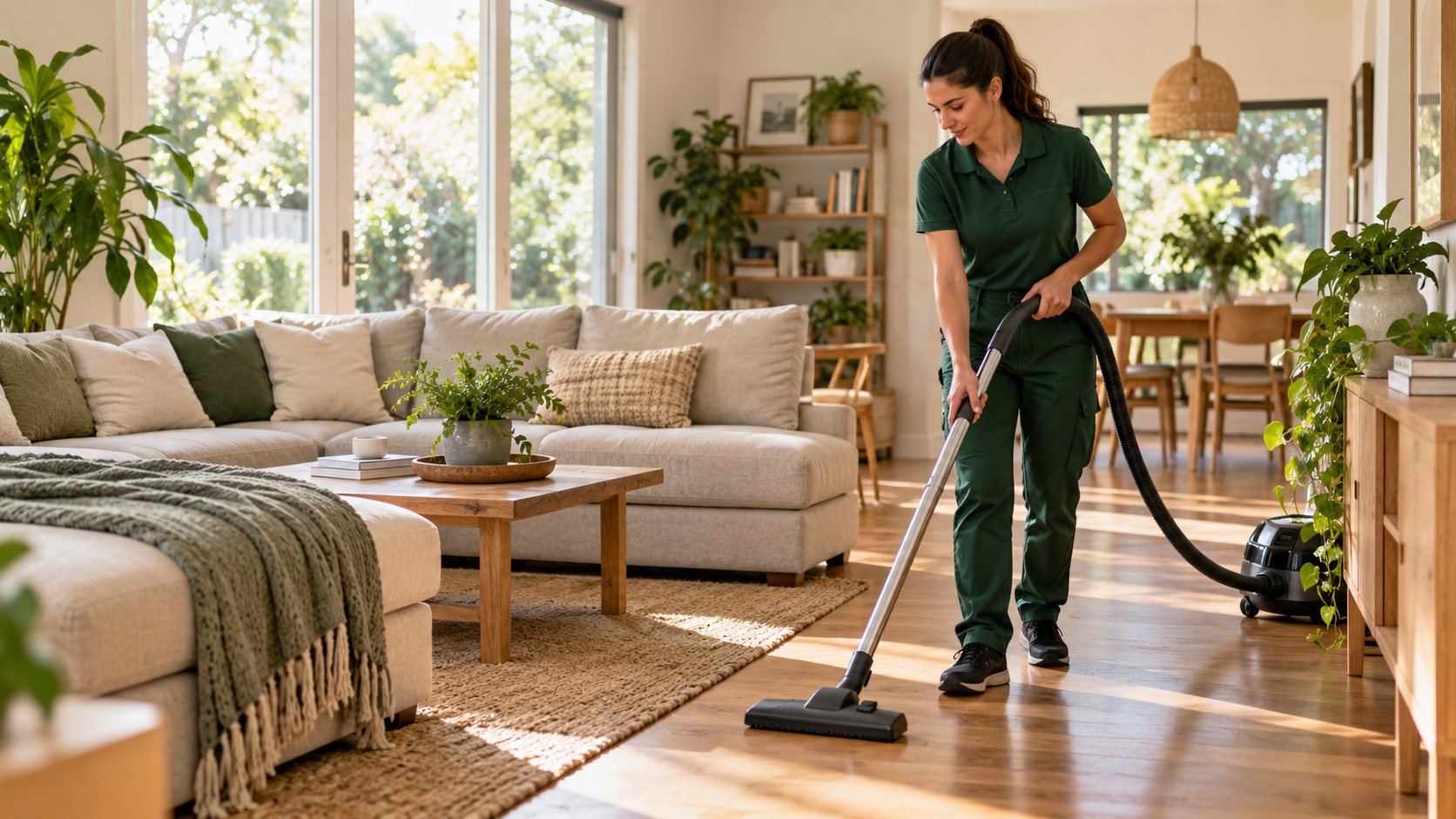 Cleaner vacuuming a bright family living room